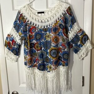 Ana&Rose boho pullover crochet fringe top blue red sunflowers short sleeve XL
